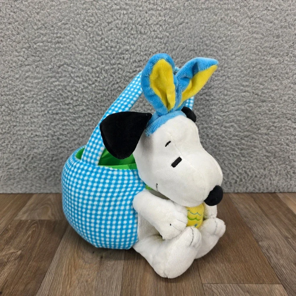 Peanuts Snoopy Plush Easter Basket Blue Gingham Bunny Ears Stuffed Animal 10in